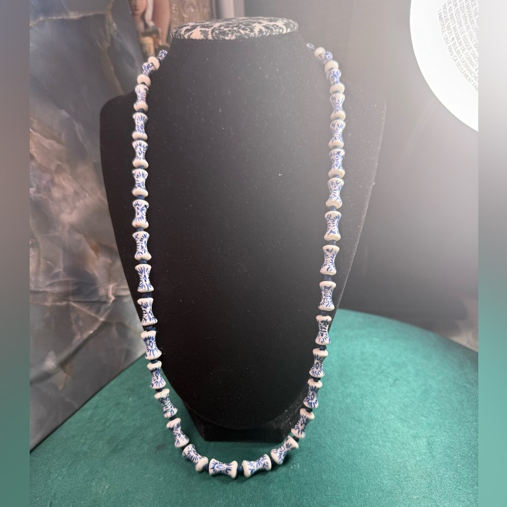 Vintage Blue and‎ White Ceramic Bead Necklace
